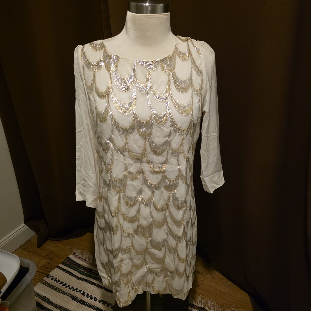Skies Are Blue Ivory Dress with Gold Sequin Scallops - Picture 2 of 5